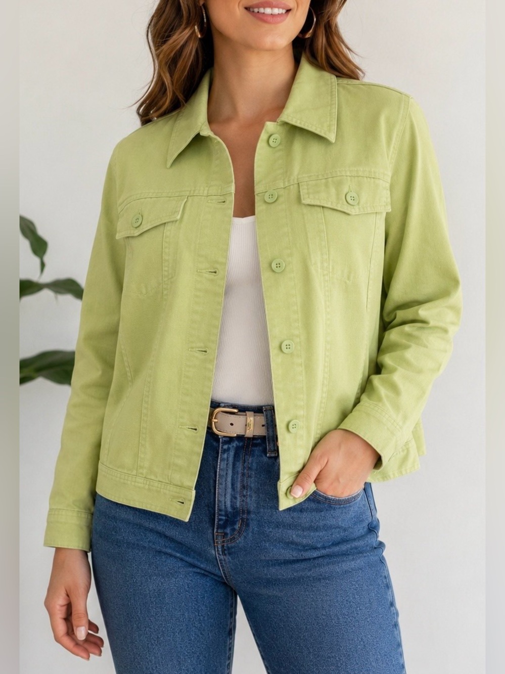 Relativity Light Lime Button-Up Jean Jacket 100% Linen sz M